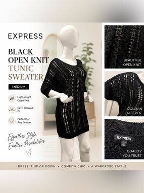 Express Black Open Knit Crochet Dolman Sleeve Tunic Sweater Medium